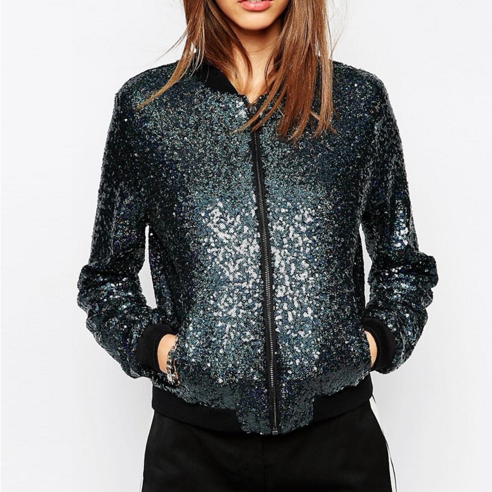 Eleven Paris by ASOS (size 38) deep teal sequin bomber jacket